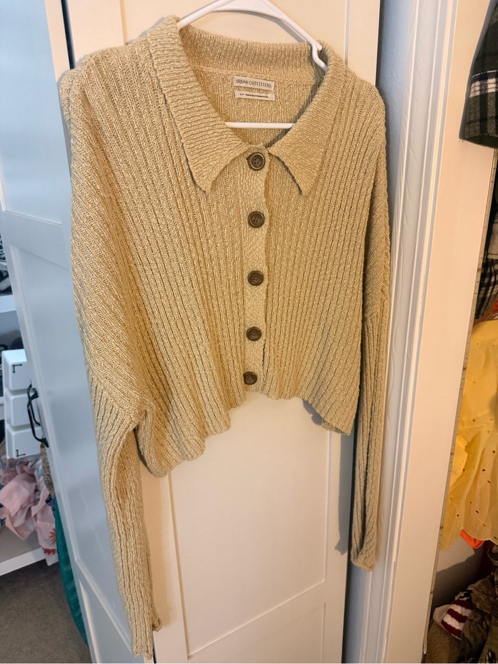 Urban Outfitters Beige Ribbed Button-Up Cropped Cardigan
